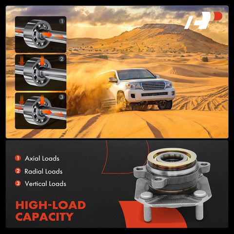 High-load capacity front wheel bearing and hub assembly details with SUV in desert. Front Wheel Bearing And Hub Assembly For 2007 2012 Nissan Sentra With Four Lug And Four Wheel ABS Beefed Up Durability For A Smooth Quiet Ride And Reliable Daily Driver