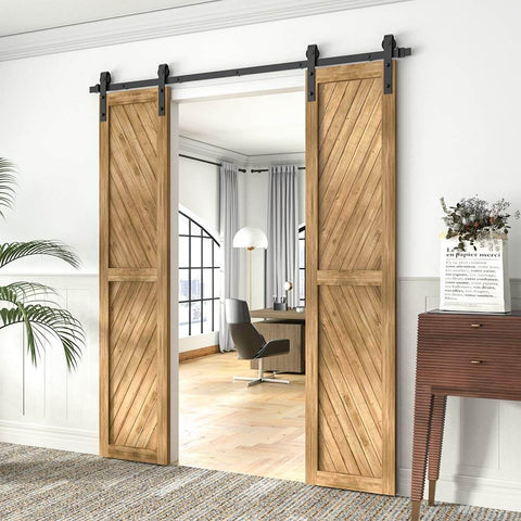 Installed 6.6Ft Black Barn Door Hardware Kit For Double Sliding Doors, Carbon Steel Heavy Duty Track System With J-Shape Hangers