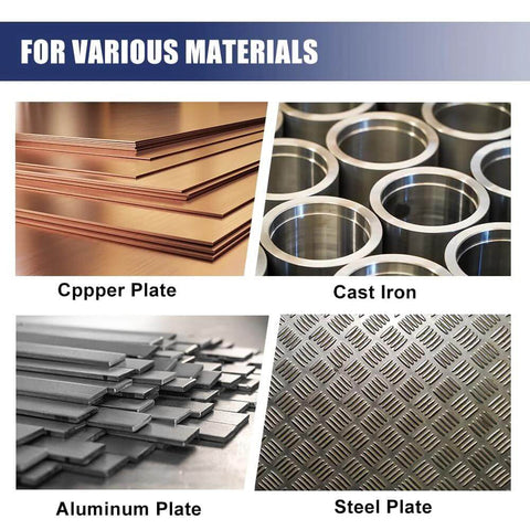 Collage of metal plates: copper plate, cast iron, aluminum plate, and steel plate.