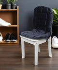 Upgrade Your Cozy Office Space With This Super Soft Heated Seat Cushion Plus Backrest For Fast Warming Comfort. Plush Electric Chair Warmer For Desk Work Or Home Living Room, Perfect For Chilly Days And Keeping Your Buns Toasty Without Breaking The Bank. Dark grey plush cushion and backrest on a white chair.