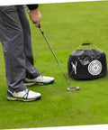 Golf Swing Training Bag With Impact Pouch Weather Resistant Design For All Skill Levels Realistic Ball Feel Practice Aid next to golfer