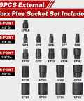 External Torx Plus Socket Set 6 Point 19 Pieces EP Four To EP Thirty Two With One Half Inch Drive And Three Eighths Drive Sockets Plus Specialty EP Eight Point Eight layout