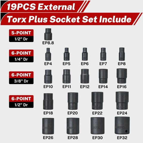 External Torx Plus Socket Set 6 Point 19 Pieces EP Four To EP Thirty Two With One Half Inch Drive And Three Eighths Drive Sockets Plus Specialty EP Eight Point Eight layout