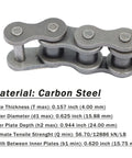 Close-up of Beefed Up Heavy Duty 80H Roller Chain with 10 ft Length, Carbon Steel, ANSI Chain No 80H, showing material and dimensions.