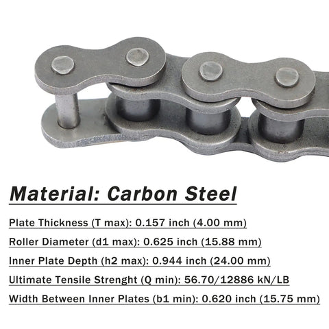 Close-up of Beefed Up Heavy Duty 80H Roller Chain with 10 ft Length, Carbon Steel, ANSI Chain No 80H, showing material and dimensions.