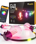 50Ft Outdoor RGBW Rope Fairy String Lights With Bluetooth App Control And Remote Dimmable Color Changing G40 Lit Patio Lights For Balcony Backyard Parties Bistro And Holidays product packaging and smartphone app.