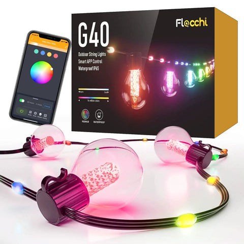 50Ft Outdoor RGBW Rope Fairy String Lights With Bluetooth App Control And Remote Dimmable Color Changing G40 Lit Patio Lights For Balcony Backyard Parties Bistro And Holidays product packaging and smartphone app.