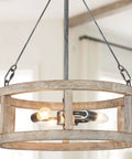 Farmhouse Wood Drum Chandelier For Dining Room And Kitchen Island Handcrafted Birch Light Fixture For Foyer With Warm Rustic Glow 15.5 Inch Diameter Ceiling Pendant Lighting showing close-up of birch drum design and bulbs.