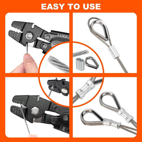 Beefy Heavy Duty Wire Rope Crimping Tool Kit For Aluminum Crimp Sleeves Up To 2.0mm with thimbles and non-slip grips in use