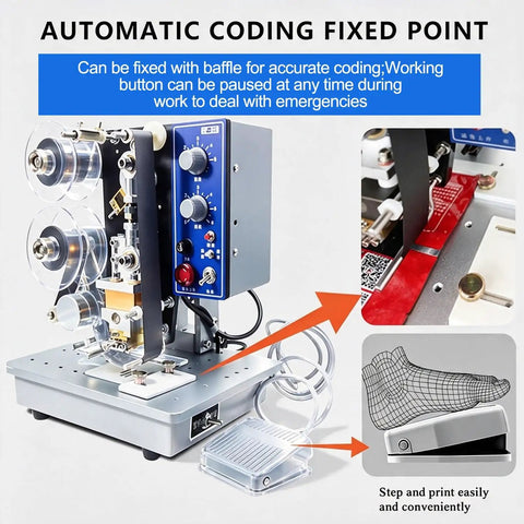 High Speed Automatic Electric Ribbon Code Printer For Production Dates And Batch Numbers On Flexible Packaging Film Plastic Leather Hot Stamping Coda Machine with control panel and feeding mechanism.