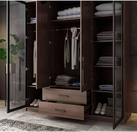 Open wardrobe with Two Pack Black T Bar Drawer Pulls 200mm Aluminum Alloy Cabinet Handles showing clothes and folded items.
