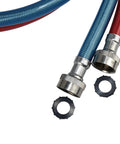 Red and blue 6 Ft Burst-Proof Washing Machine Hoses Dope Durability 3-Layer PVC Coated with washers, universal fit, close-up view.