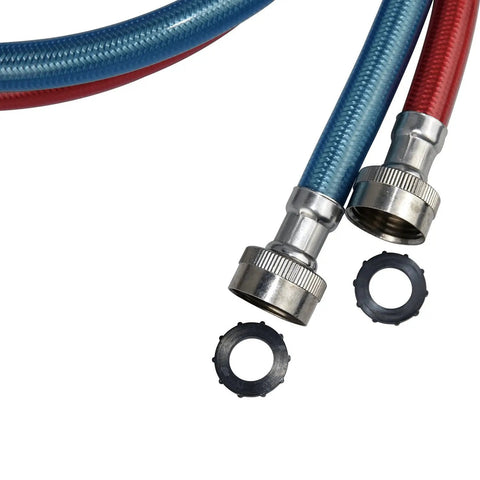 Red and blue 6 Ft Burst-Proof Washing Machine Hoses Dope Durability 3-Layer PVC Coated with washers, universal fit, close-up view.