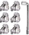 Six 17–19 mm stainless steel T-bolt hose clamps with hex key (front view)