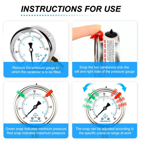 MEANLIN 0–60 psi glycerin-filled stainless steel pressure gauge, 2.5-in dial, 1/4 in NPT, lower-mount installation guide.