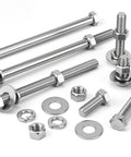 Top Shelf 3/8 X 6 Inch Hex Head Bolts With Matching Hex Nuts And Thick Flat Lock Washers 18-8 Stainless Steel 304 Fully Threaded Badass Hardware For Shop And Workbench Setup 4 Pack Set displayed on white background.