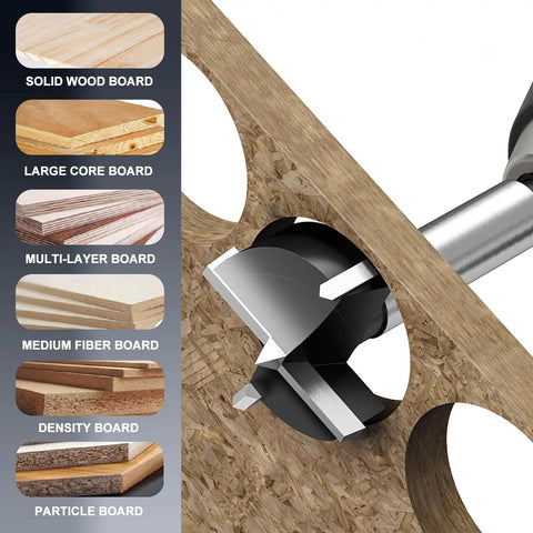 Heavy Duty Six Piece Forstner Drill Bit Set With Hex Shank And Tungsten Carbide Tips For Precision Wood Hole Cutting In 40 To 80 Millimeter Ranges Built Like A Tank And Smooth As Silk cutting through various types of wood boards.