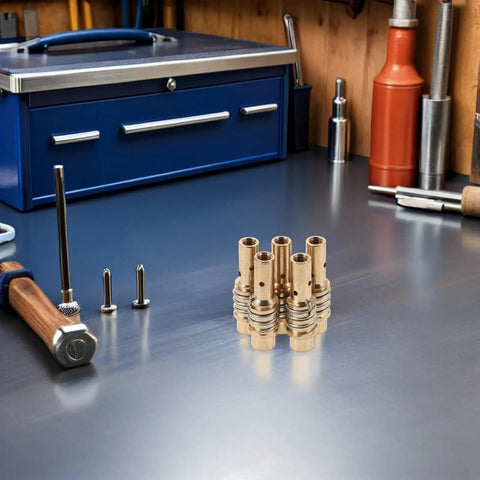 Hot Deal 10pcs Alloy Welding Torch Contact Tip Holder Diffuser Assembly For Mig Mag Guns on workbench with tools.