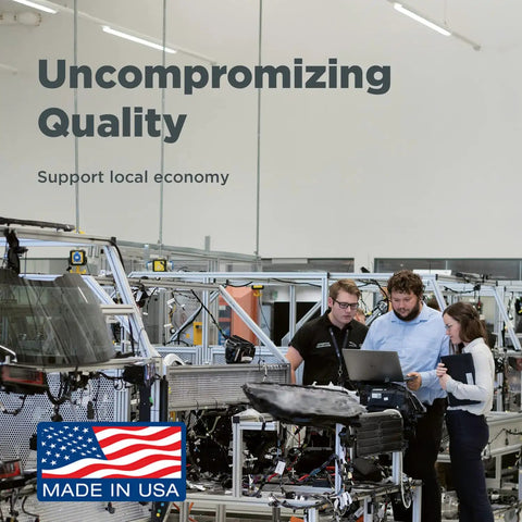 Three people working on machinery in a factory setting with 'Made in USA' label, emphasizing quality and support for local economy.