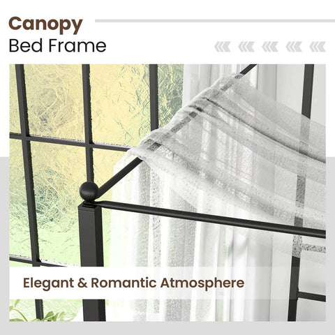 Full Size Metal Canopy Bed Frame With Modern Four Poster Silhouette And Sleek Headboard Matte Black Finish featured with curtains.