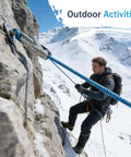 Person climbing snowy mountain with rope secured using Six Pack Heavy Duty Paracord Rope Roller Tensioner Kit With Retractable Buckle And Cam Buckle Adjuster For Camping Boating And Gear Securing One Hand Operation.