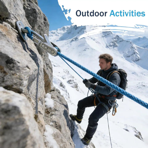 Person climbing snowy mountain with rope secured using Six Pack Heavy Duty Paracord Rope Roller Tensioner Kit With Retractable Buckle And Cam Buckle Adjuster For Camping Boating And Gear Securing One Hand Operation.