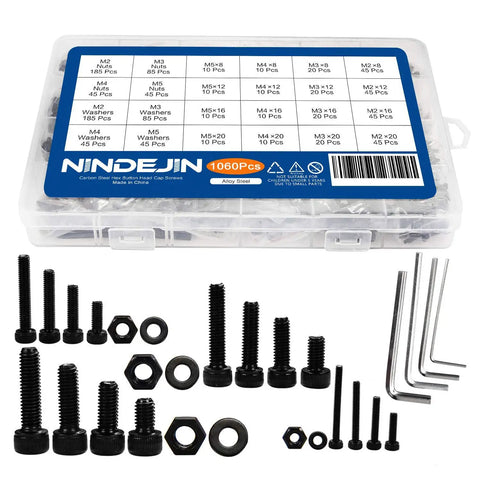 Complete 1060 Pieces Metric Hex Socket Head Cap Screw Bolt Nut Washer Assortment Kit Black 12.9 Grade Carbon Steel Fasteners M2 M3 M4 M5 Hardware Set Includes 4 Allen Wrench Tools For Pro Use with assorted screws and nuts.
