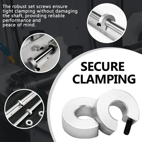 4 Piece Shaft Collars For SBR20 20mm Bore 40mm OD 12mm Thick Aluminum Locking Collars Clamp On With M5 Set Screws Anodized Linear Rail Stop For CNC And Linear Motion Systems shown installed on rail demonstrating secure clamping.