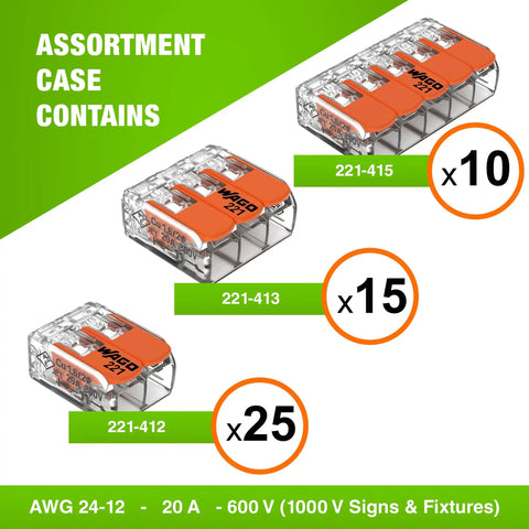 Image of Lever Nut Wire Connector Set 50 Pack 221 Series with 10x 221-415, 15x 221-413, and 25x 221-412 splicing connectors