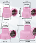 Ceramic Welding Cup Set With No 12 No 14 No 16 No 24 Cups 0.1 Inch Thick Alumina Gas Lens Kit dimensions and sizes displayed