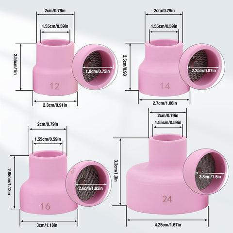Ceramic Welding Cup Set With No 12 No 14 No 16 No 24 Cups 0.1 Inch Thick Alumina Gas Lens Kit dimensions and sizes displayed