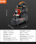 Compact 2.1 Gallon Oil Free Air Compressor With 1.2HP Motor, 2.2 CFM At 90 PSI, Max 116 PSI, shown with detailed specs