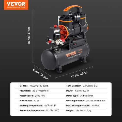 Compact 2.1 Gallon Oil Free Air Compressor With 1.2HP Motor, 2.2 CFM At 90 PSI, Max 116 PSI, shown with detailed specs