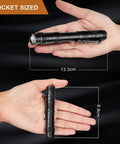 Hands holding 12 Pack Mini LED Pen Flashlights With Clip, Ultra Compact 3.5 Inch and 5.24 Inch, showing size comparison.