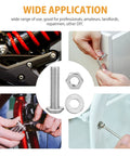 197Piece SAE Hex Button Head Screw Set With 1/4-20 5/16-18 3/8-16 Bolts, Washers And Nuts, 304 Stainless Steel Hardware Kit Including 12 Sizes For DIY Projects And Professional Repairs, shown in various applications like motorcycle suspension, furniture assembly, bicycle repair, and appliance fixing.