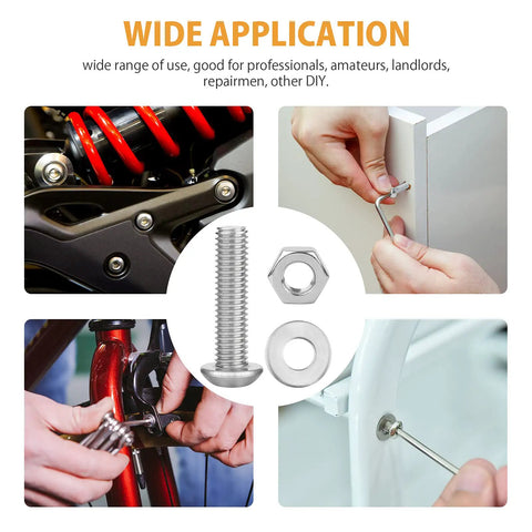 197Piece SAE Hex Button Head Screw Set With 1/4-20 5/16-18 3/8-16 Bolts, Washers And Nuts, 304 Stainless Steel Hardware Kit Including 12 Sizes For DIY Projects And Professional Repairs, shown in various applications like motorcycle suspension, furniture assembly, bicycle repair, and appliance fixing.
