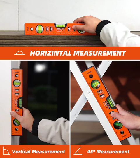 Pro Grade 12 Inch Magnetic Torpedo Level With Dead On Precision Green Acrylic Vials Heavy Duty Aluminum Frame and Shock Absorbing Rubber End Caps For Rock Solid Accuracy On Any Diy Or Professional Trade Job during horizontal and vertical measurements.