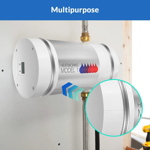 Heatworks Model 1 water heater with adjustable sign mounting brackets for large poles, highlighting multipurpose use