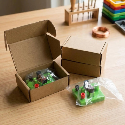 Open box showing green DC Electrical Motor Assembly Kit for STEM Learning Hands On Kids Lab Toy on a wooden table.