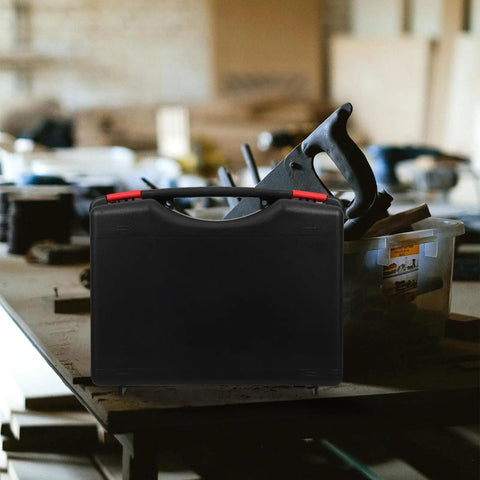 Badass Low Profile Plastic Toolbox With Tight Fitting Lid And Ergonomic Handle For All Your Bolts and Art Pieces Clean Layout Storage on a workbench.