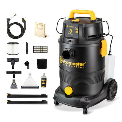 Beast Mode 8 Gallon Wet Dry Vacuum with External Detergent Tank and Remote Control, featuring accessories and 5.5 Peak HP suction.
