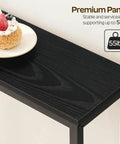 Slick Industrial Console Table For Tight Spaces, Hella Compact Two Tier Sofa Table With Open Storage Shelves, Matte Black Finish top view with dessert.