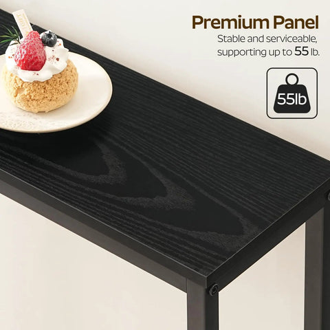 Slick Industrial Console Table For Tight Spaces, Hella Compact Two Tier Sofa Table With Open Storage Shelves, Matte Black Finish top view with dessert.