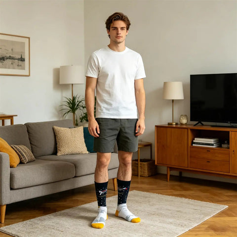 Man in living room wearing Crazy Colorful Mens Dress Socks For Men Size 8 To 12 Crew Length Dope Patterned Dress Socks with colorful stripes.