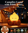 Chibi Campfire Night Light With White Noise Portable Rechargeable Cozy Camping Glow For Kids Rooms Sleep Aid Night Light Indoor Camping Vibe Decor Cute Gift on wooden surface with warm glow and sound notes.