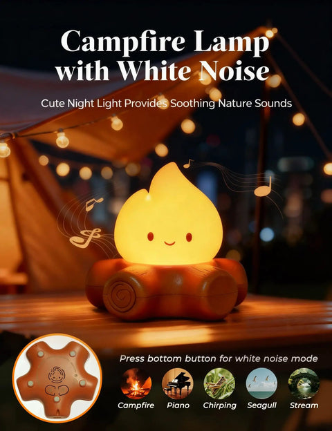Chibi Campfire Night Light With White Noise Portable Rechargeable Cozy Camping Glow For Kids Rooms Sleep Aid Night Light Indoor Camping Vibe Decor Cute Gift on wooden surface with warm glow and sound notes.