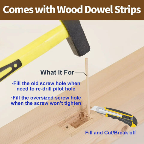 Door Latch Restorer Kit With Standard Strike Plate And Spacer Shim, wood dowel filling screw hole in wood door