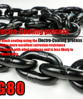 Close-up of Heavy Duty Three Eighth Inch By Twenty Feet G80 Binder Chain With Clevis Grab Hooks For Flatbed Trailers and Trucks Safe Working Load 7100 Pounds Ideal For Secure Towing And Tie Downs, showing G80 marking and electro-coating.