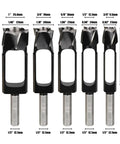 Five Piece High Carbon Steel Wood Plug Cutter Set Offering 3/8 To 1 Inch Bits For Smooth Dowel Plugging and No Nonsense Woodworking Gear That Gets It Done Right, includes various sized bits.