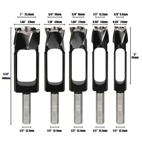 Five Piece High Carbon Steel Wood Plug Cutter Set Offering 3/8 To 1 Inch Bits For Smooth Dowel Plugging and No Nonsense Woodworking Gear That Gets It Done Right, includes various sized bits.